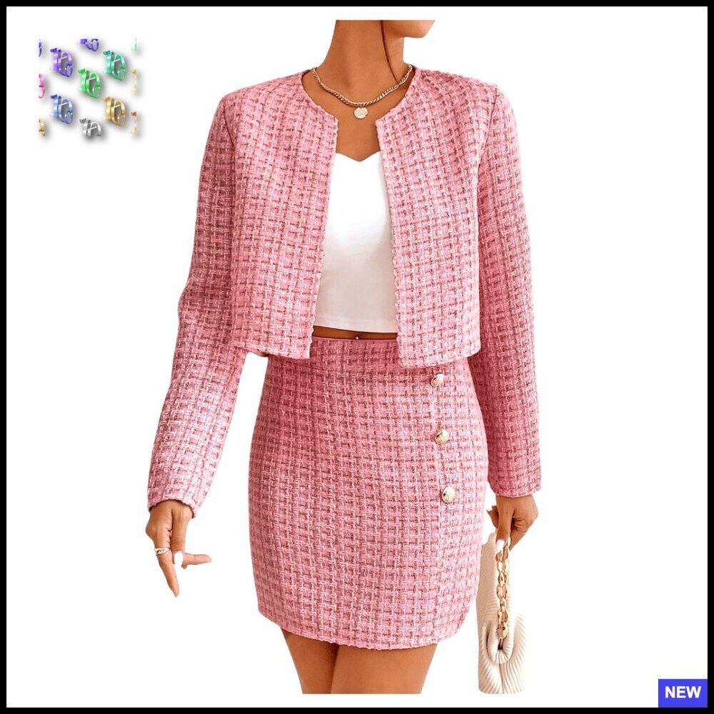 Plaid Tweed Blazer and Skirt Set Long Sleeve Two Piece Outfit Chic Classic
